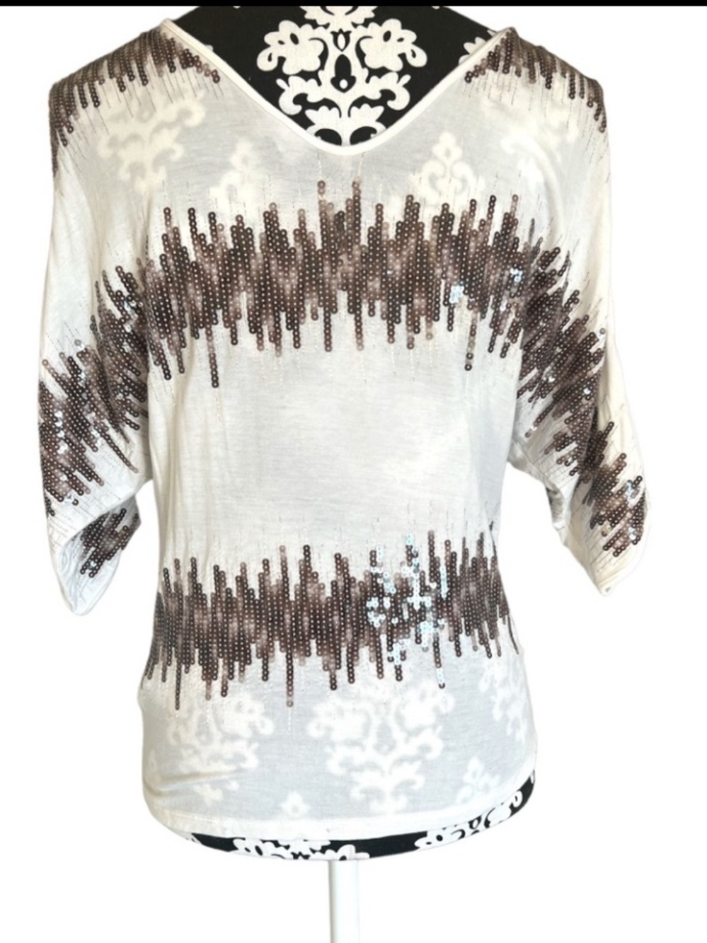 Bebe vintage y2k cream sequin blouse short sleeve cold shoulder top